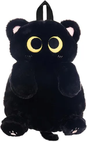 Girls Black Cat Plush Backpack – Stuffed Animal Cat Bag with Adjustable Straps, Perfect for Birthday Travel & Gifts (Black Cat)