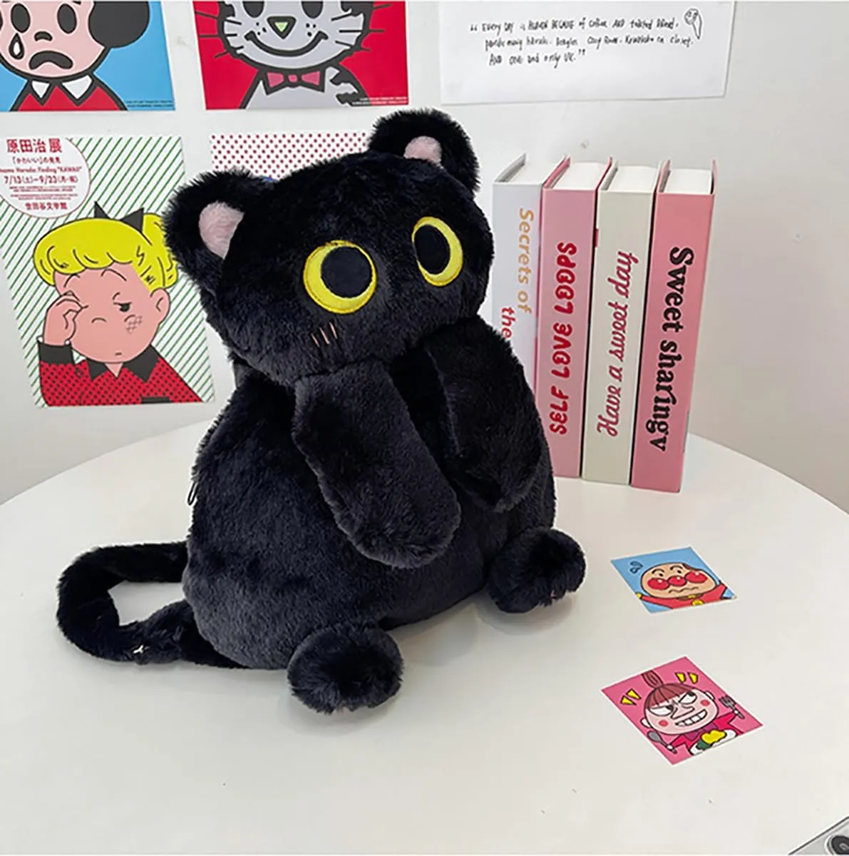 Girls Black Cat Plush Backpack – Stuffed Animal Cat Bag with Adjustable Straps, Perfect for Birthday Travel & Gifts (Black Cat)