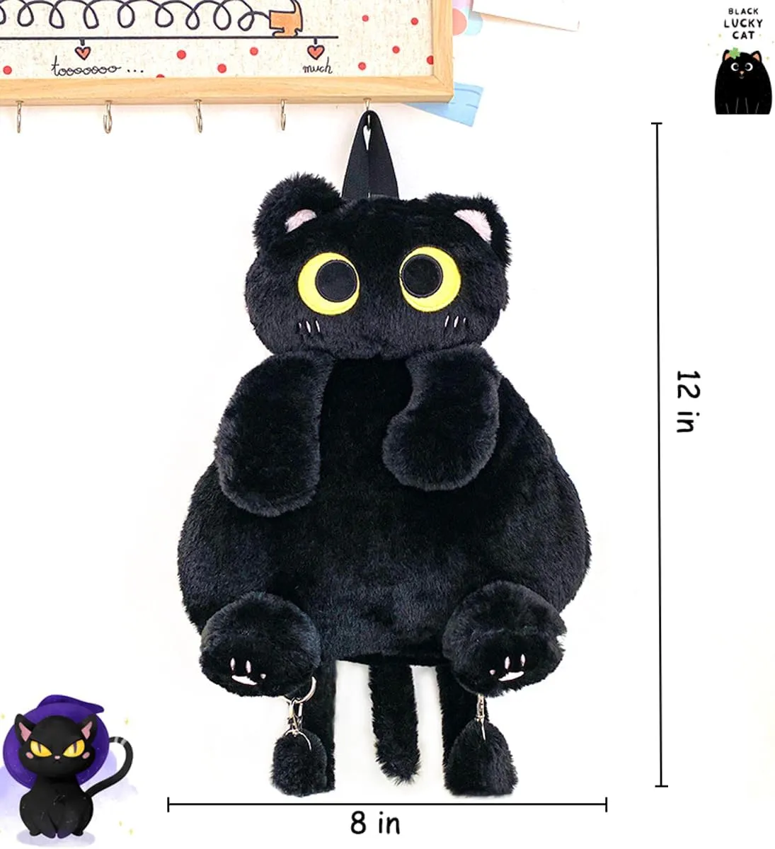 Girls Black Cat Plush Backpack – Stuffed Animal Cat Bag with Adjustable Straps, Perfect for Birthday Travel & Gifts (Black Cat)