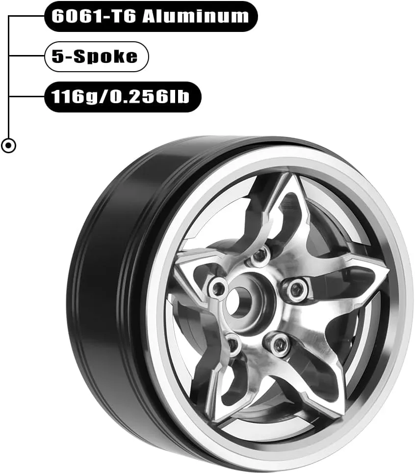 GLOBACT 1.9 Beadlock Wheel Aluminium 5-Spoke Wheel Rims for Axial SCX10 TRX4 TRX6 VS4-10 RC4WD 1/10 RC Crawler Upgrade (4Pcs Titanium)