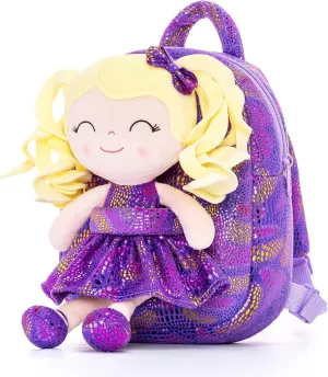 Gloveleya Kids Backpack Toddler Backpack Baby Girl Gift Plush Bag Diaper Bag Glitter Purple Dress Curly Hair Doll Backpack 9"