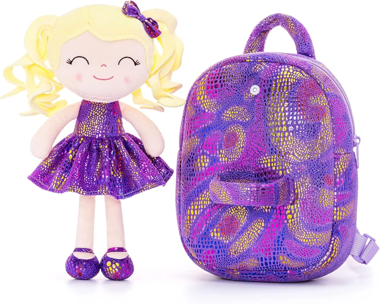 Gloveleya Kids Backpack Toddler Backpack Baby Girl Gift Plush Bag Diaper Bag Glitter Purple Dress Curly Hair Doll Backpack 9"