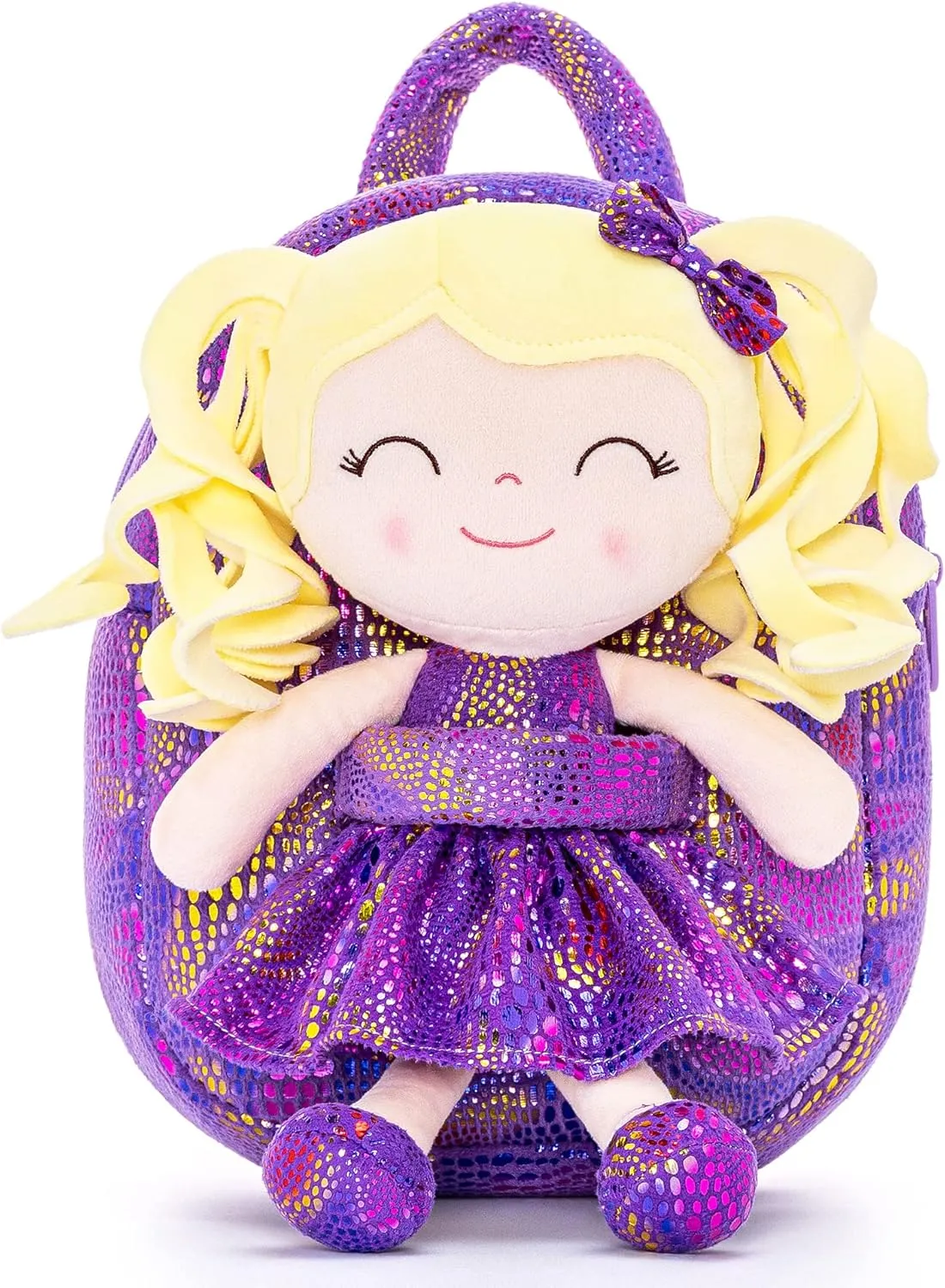 Gloveleya Kids Backpack Toddler Backpack Baby Girl Gift Plush Bag Diaper Bag Glitter Purple Dress Curly Hair Doll Backpack 9"