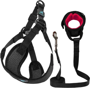 Gooby Comfort X Step in Lite Harness and Mesh Wristband Surfer Leash Set-Black, Medium, 6 FT-Choke Free and Escape Free Harness with Breathable Mesh and Mesh Handsfree Leash for Small and Medium Dog