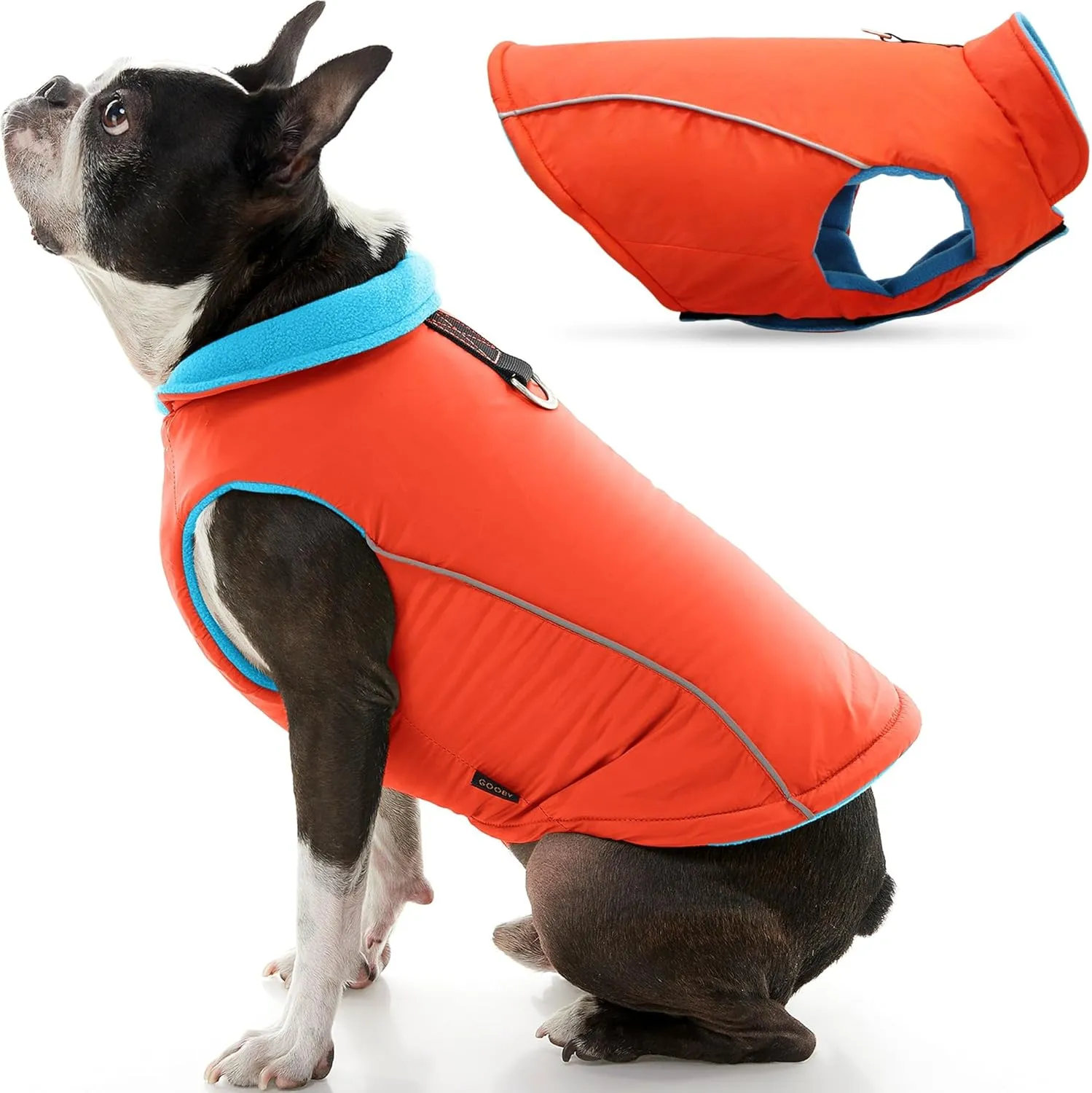 Gooby Sports Vest Dog Jacket - Orange, Medium - Reflective Dog Vest with D Ring Leash - Warm Fleece Lined Small Breed Dog Sweater, Hook and Loop Closure