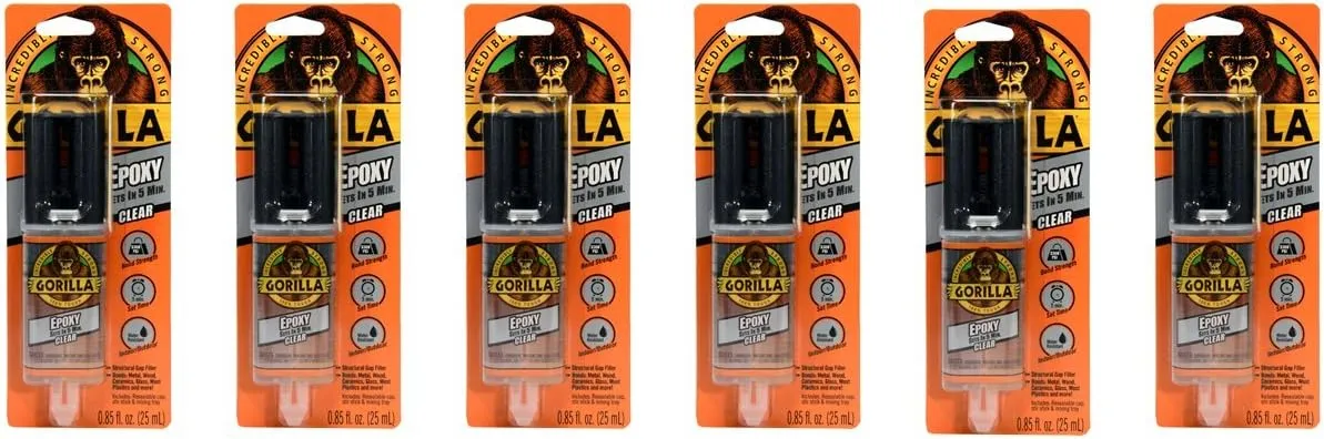 Gorilla 2 Part Epoxy, 5 Minute Set, .85 Ounce Syringe, Clear, (Pack of 6)