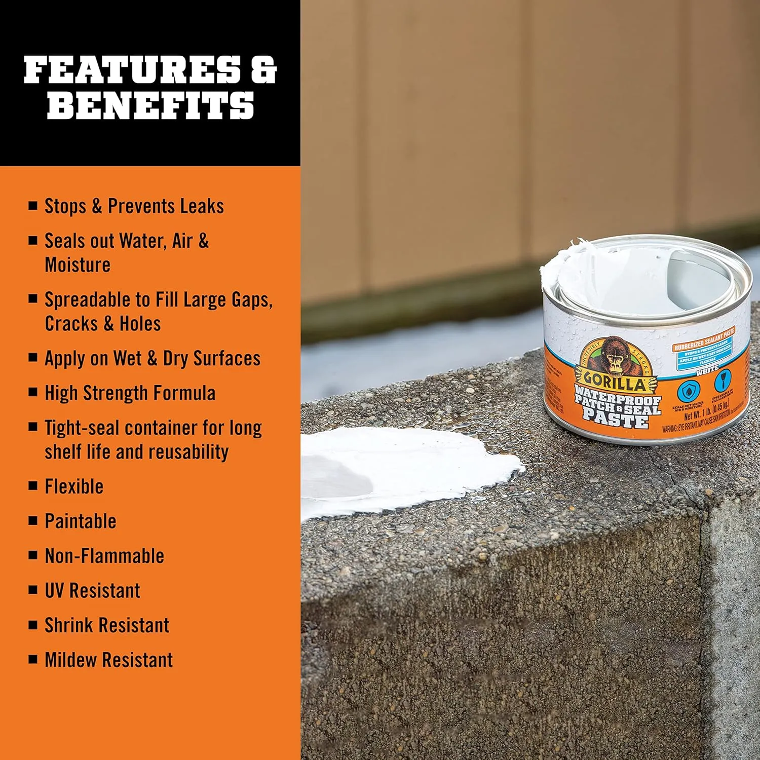 Gorilla Waterproof Patch & Seal Rubberized Sealant Paste; White; 1lb Can (Pack of 1)