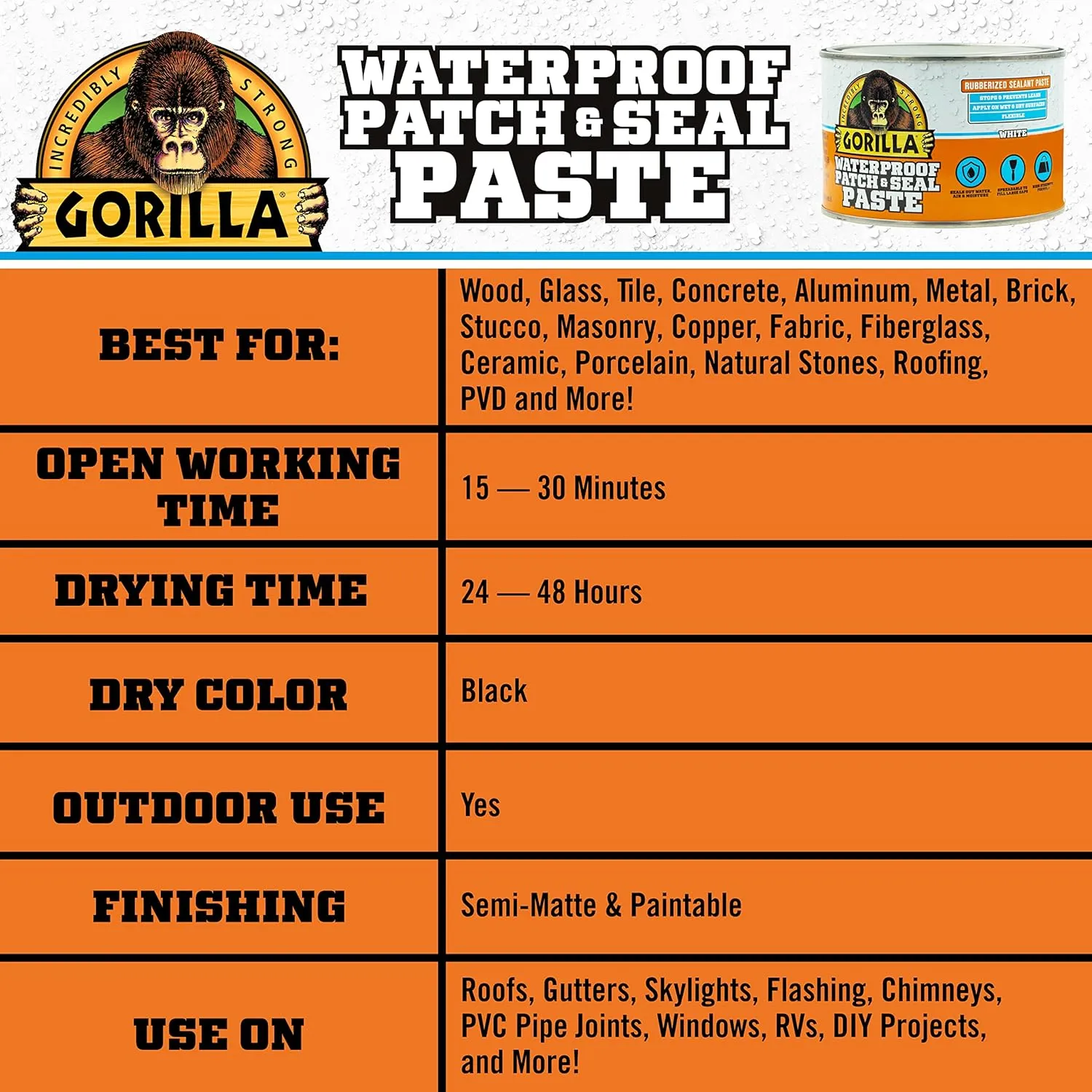 Gorilla Waterproof Patch & Seal Rubberized Sealant Paste; White; 1lb Can (Pack of 1)