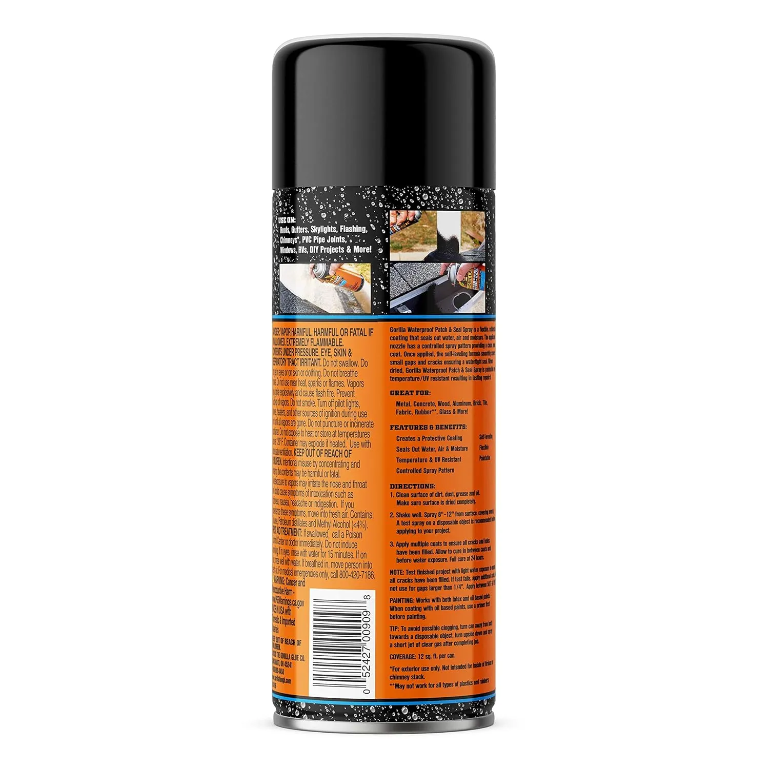 Gorilla Waterproof Patch & Seal Rubberized Sealant Spray, Black, 16 Ounce (Pack of 2) - Seals Out Water, Air, and Moisture
