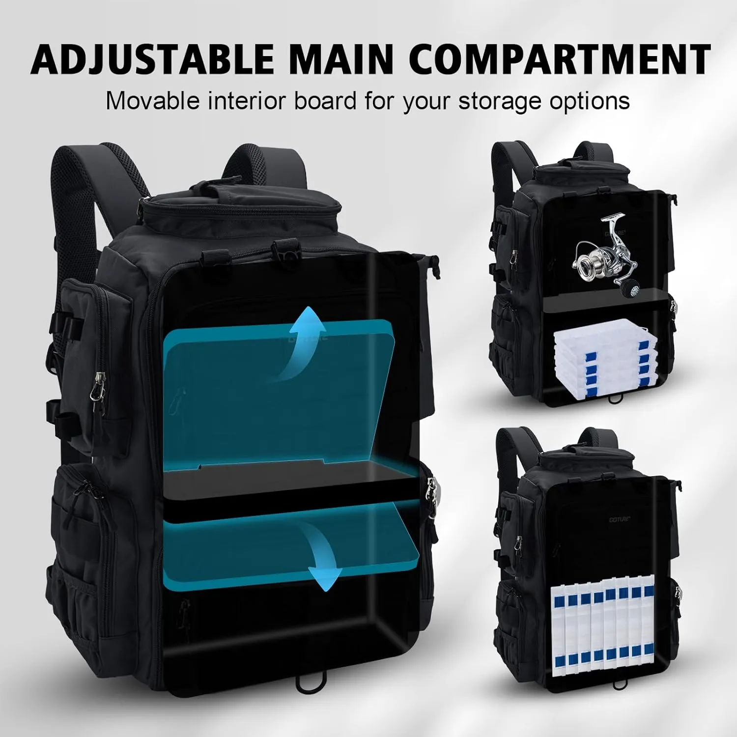 Goture Fishing Backpack, Fishing Tackle Backpack with Rod Holders, 45L 600D Large Fishing Bag Storage Fishing Gear, Water Resistant Tackle Bag with 8 Lure Pockets, Rain Cover for Camping Hiking
