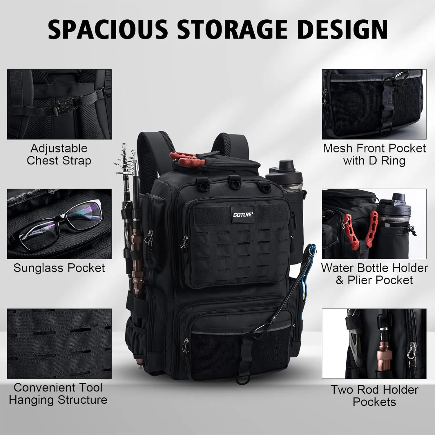 Goture Fishing Backpack, Fishing Tackle Backpack with Rod Holders, 45L 600D Large Fishing Bag Storage Fishing Gear, Water Resistant Tackle Bag with 8 Lure Pockets, Rain Cover for Camping Hiking