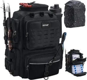 Goture Fishing Backpack, Fishing Tackle Backpack with Rod Holders, 45L 600D Large Fishing Bag Storage Fishing Gear, Water Resistant Tackle Bag with 8 Lure Pockets, Rain Cover for Camping Hiking