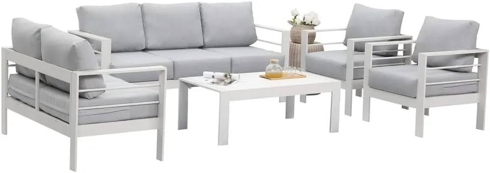 GOWE Patio Outdoor Cozy Couch Sofa Coffee Table Furniture Set of 5 Pieces 7 Seater White Aluminum Sofa Couch