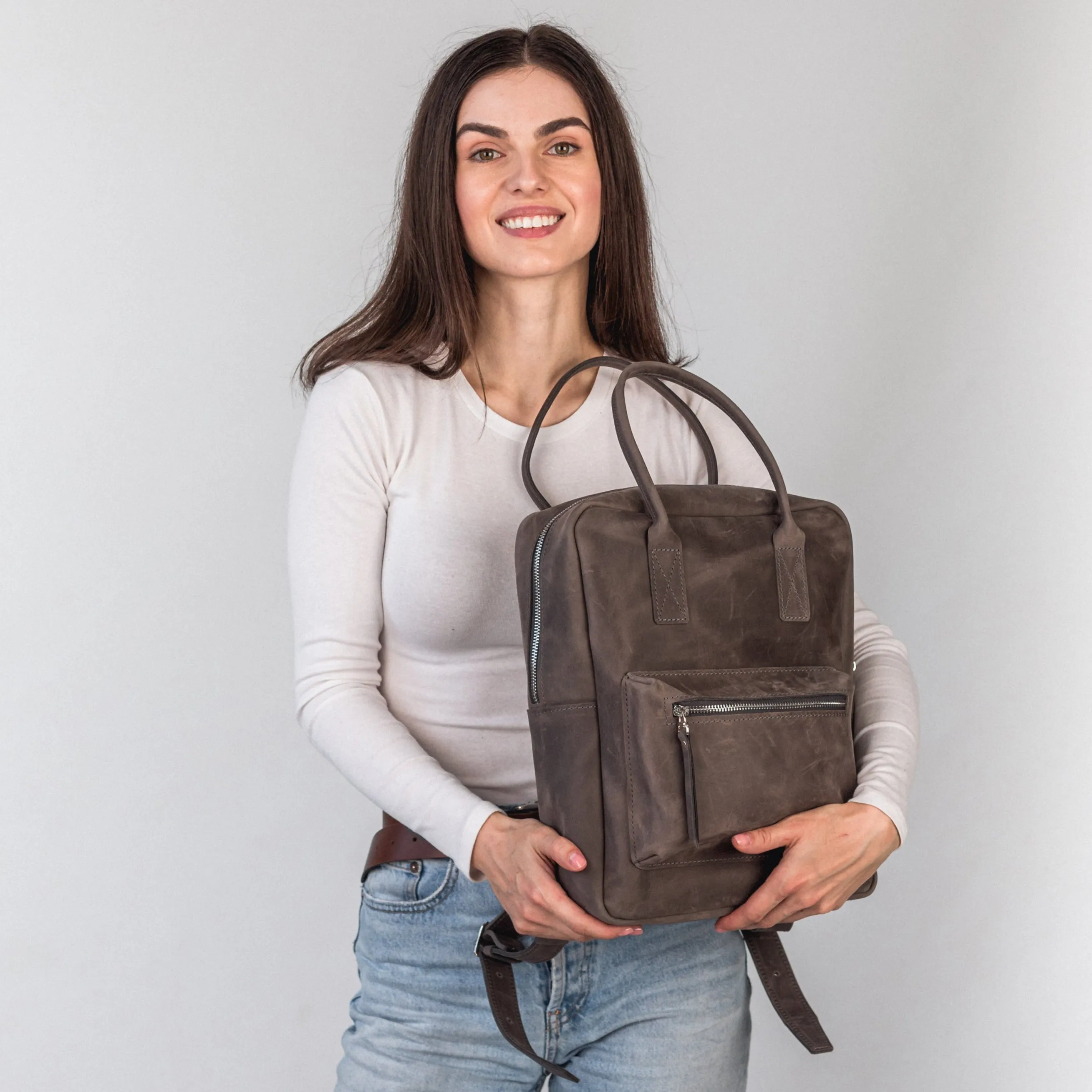 Gray leather city backpack