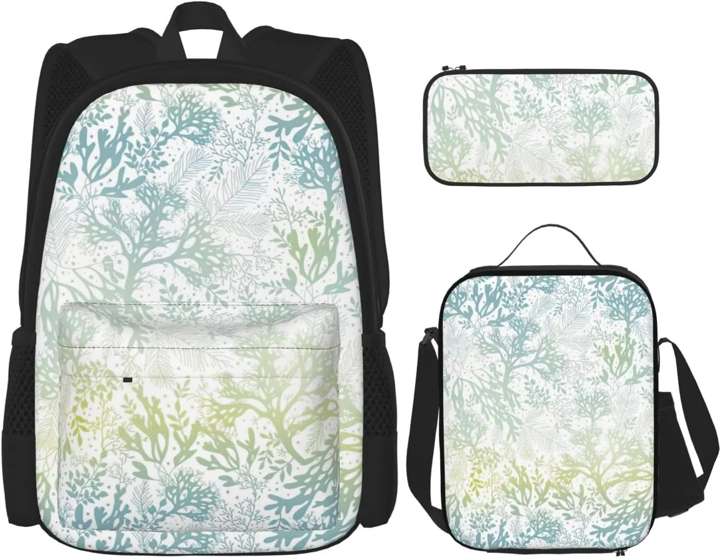 Green Sea Blue Seaweed Print Comfortable Adjustable Shoulder Casual Fashion Backpack Lunch Bag Pencil Case