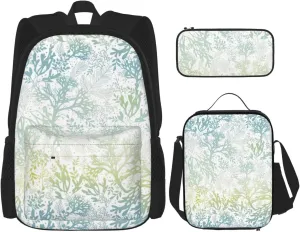 Green Sea Blue Seaweed Print Comfortable Adjustable Shoulder Casual Fashion Backpack Lunch Bag Pencil Case