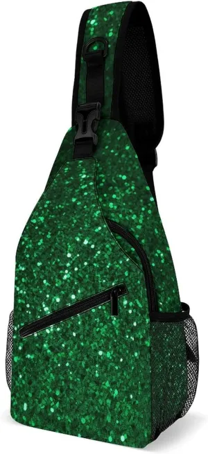 Green Sequin Sparkle Sling Bag with Rfid Blocking Causal Mens Crossbody Bag Lightweight Chest Pack Large Man Purse Travel Crossbody Backpack Shoulder Sling Backpack for Hiking Running Cycling