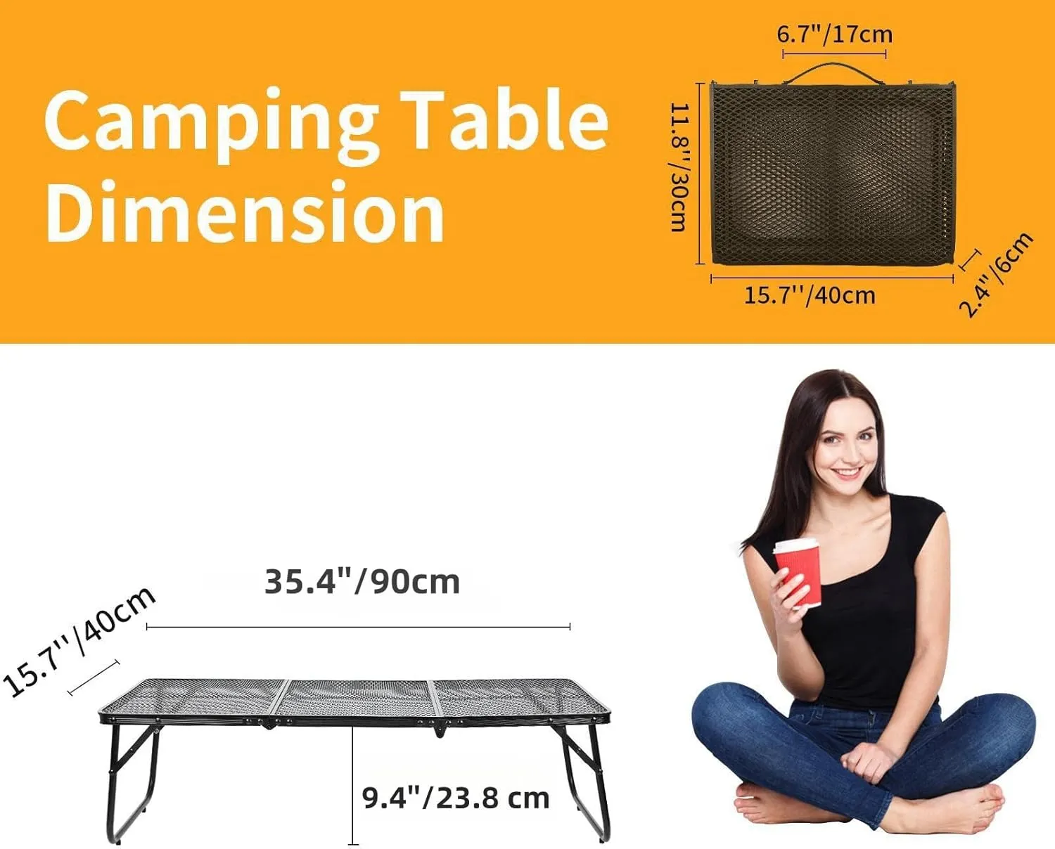 Grill Table Camping Table 3FT Foldable Small Folding Table Low Picnic Table Portable Stand Mesh Outdoor Indoor Card BBQ RV Black 35.4×15.7×9.4 inch