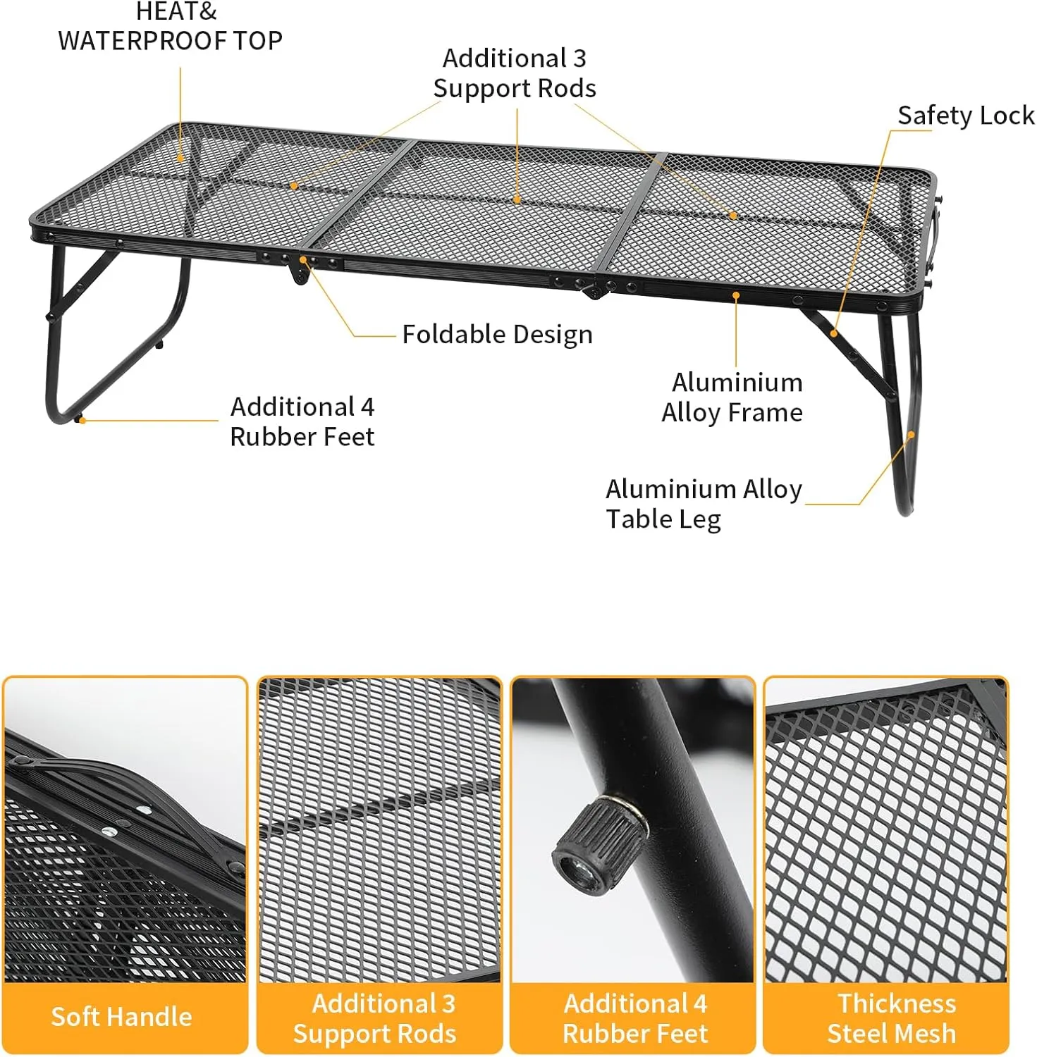 Grill Table Camping Table 3FT Foldable Small Folding Table Low Picnic Table Portable Stand Mesh Outdoor Indoor Card BBQ RV Black 35.4×15.7×9.4 inch