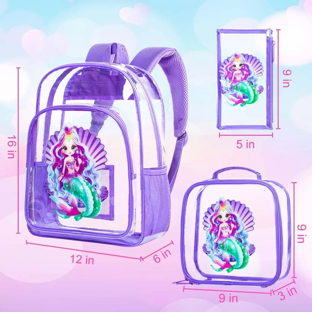 gxtvo Clear Backpack for Girls and Boys, Kids Transparent Bookbag, 3PCS Cute See Through School Bag for Elementary Prechool