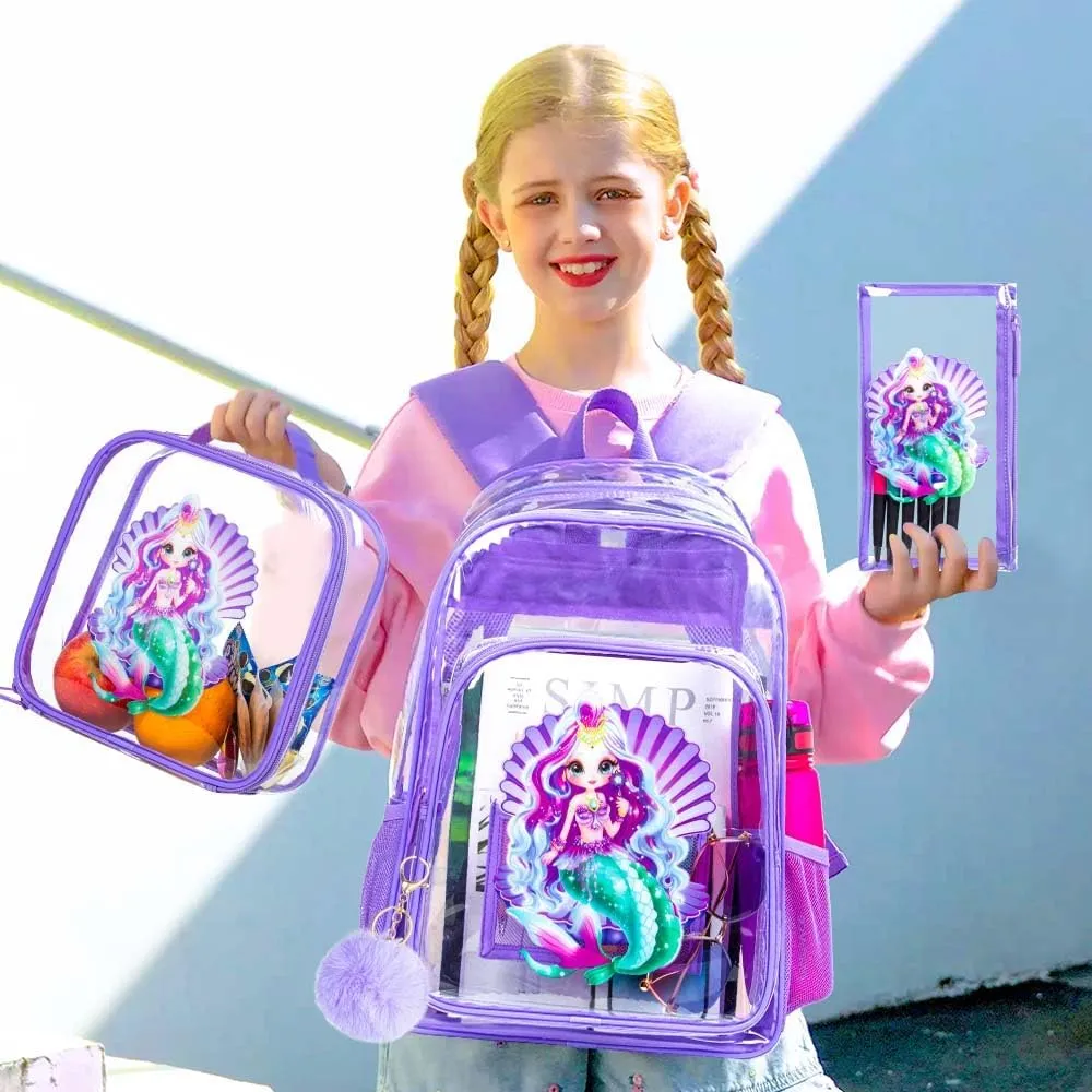 gxtvo Clear Backpack for Girls and Boys, Kids Transparent Bookbag, 3PCS Cute See Through School Bag for Elementary Prechool