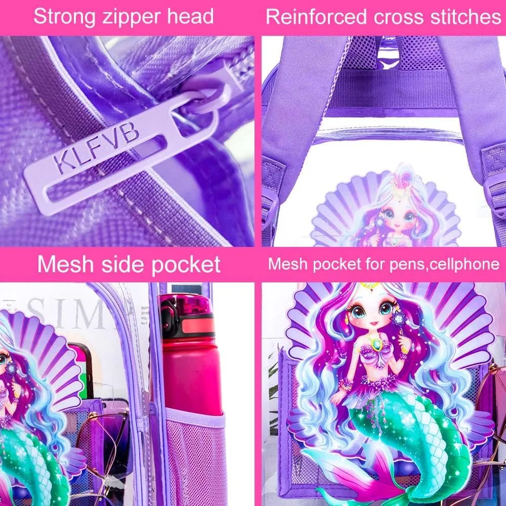 gxtvo Clear Backpack for Girls and Boys, Kids Transparent Bookbag, 3PCS Cute See Through School Bag for Elementary Prechool