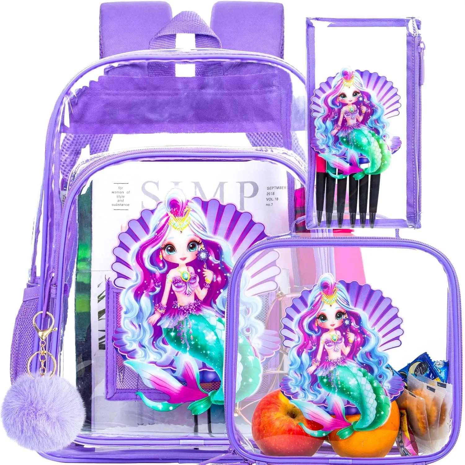 gxtvo Clear Backpack for Girls and Boys, Kids Transparent Bookbag, 3PCS Cute See Through School Bag for Elementary Prechool