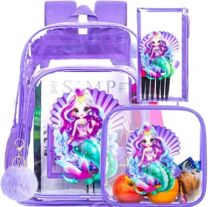 gxtvo Clear Backpack for Girls and Boys, Kids Transparent Bookbag, 3PCS Cute See Through School Bag for Elementary Prechool