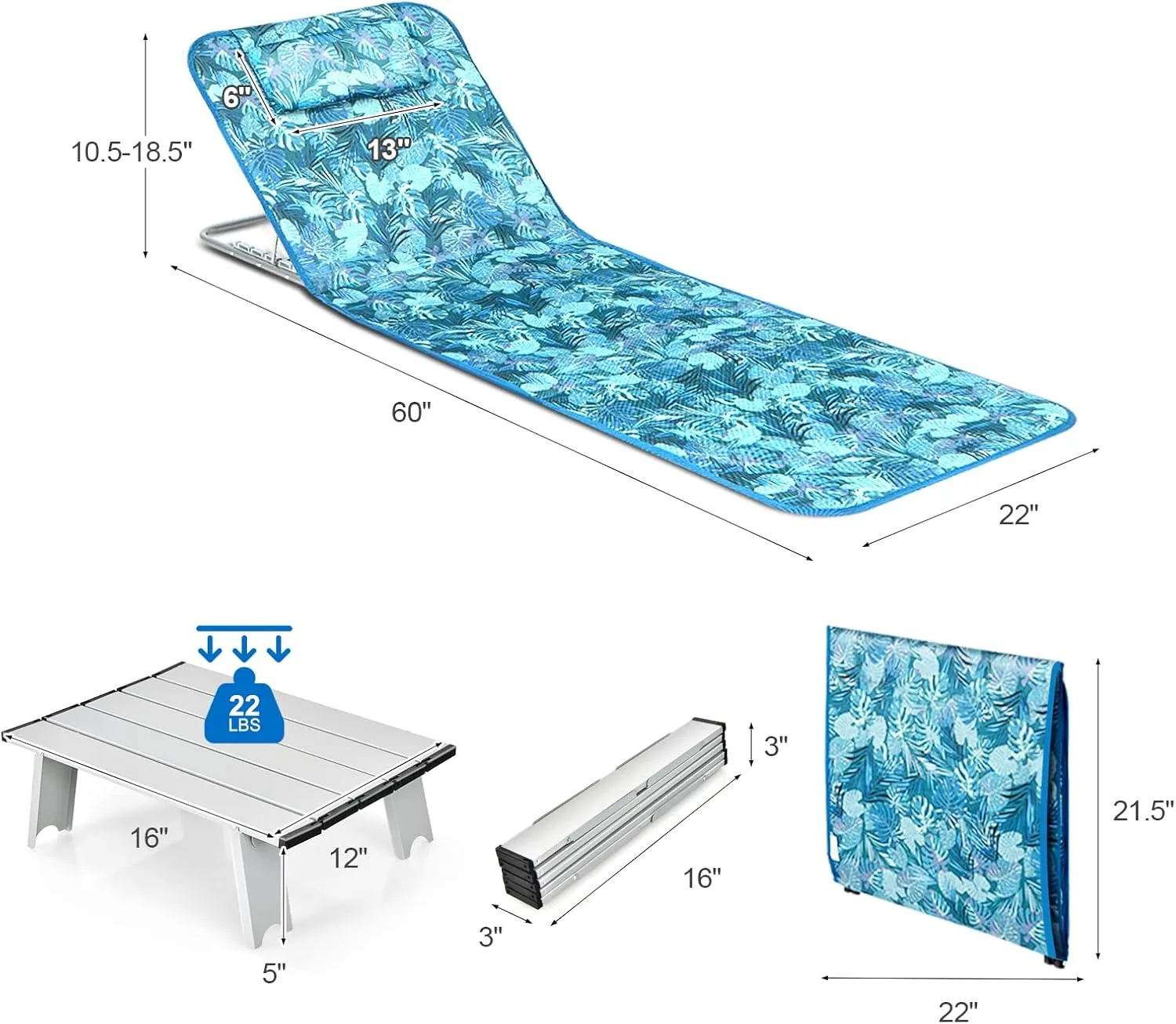 GYMAX Beach Chairs, Folding Tanning Lounge Chairs with Table Set, Adjustable Patio Floor Chair, Outdoor Sunbath Chair with Desk, Pillow & Storage Bag for Outside, Patio, Poolside (Blue Leaves)