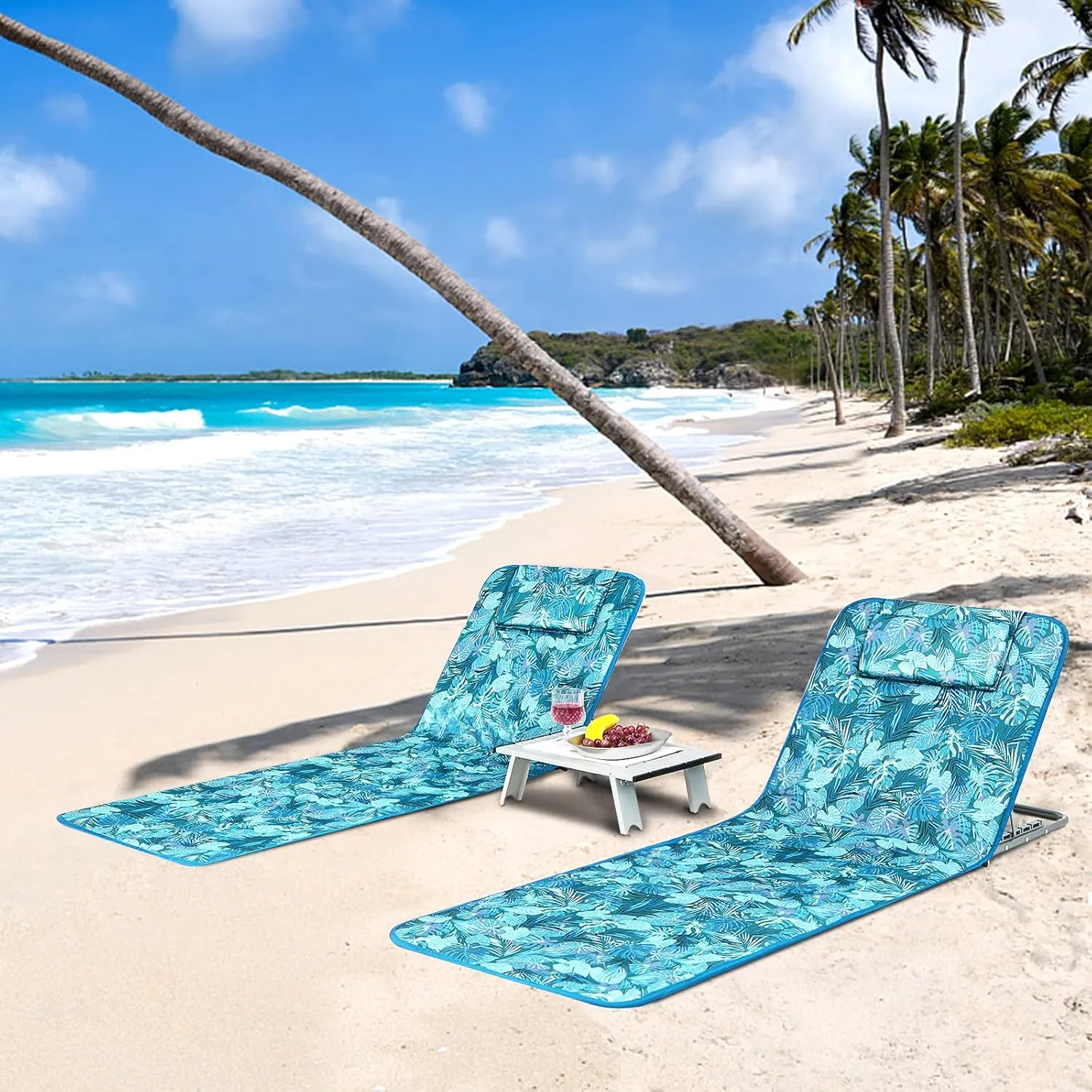 GYMAX Beach Chairs, Folding Tanning Lounge Chairs with Table Set, Adjustable Patio Floor Chair, Outdoor Sunbath Chair with Desk, Pillow & Storage Bag for Outside, Patio, Poolside (Blue Leaves)