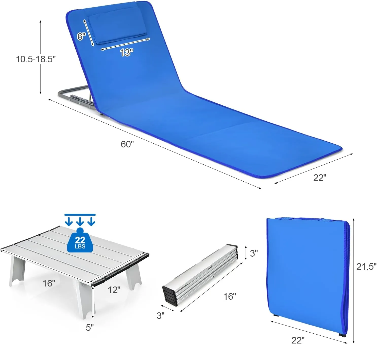 GYMAX Beach Chairs, Folding Tanning Lounge Chairs with Table Set, Adjustable Patio Floor Chair, Outdoor Sunbath Chair with Desk, Pillow & Storage Bag for Outside, Patio, Poolside (Blue)