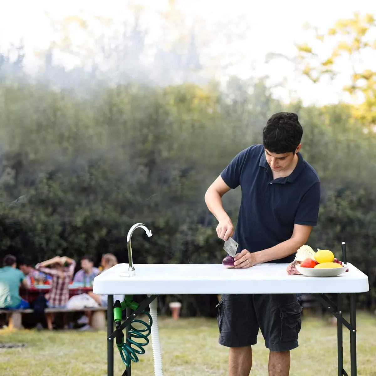 GYMAX Fish Cleaning Table with Sink, Folding Fish Cleaning Station with Adjustable Spray Cleaner, Foldable & Rotatable Faucet, Portable Fillet Table for Outdoor Camping, Fishing, Picnic