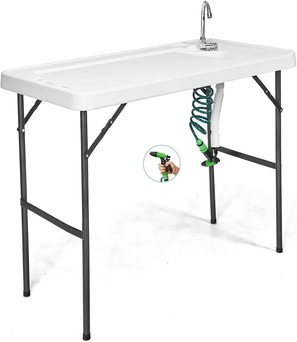 GYMAX Fish Cleaning Table with Sink, Folding Fish Cleaning Station with Adjustable Spray Cleaner, Foldable & Rotatable Faucet, Portable Fillet Table for Outdoor Camping, Fishing, Picnic