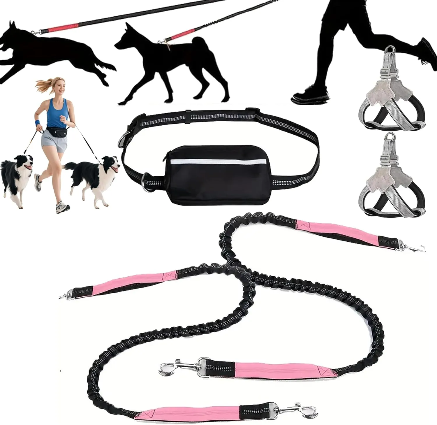 Hands Free Dog Leash with Zipper Pouch, 2025 Adjustable Dog Treat Training Pouch for Running, Reflective Padded Handles and Durable Bungee with Waist Belt (Purple)
