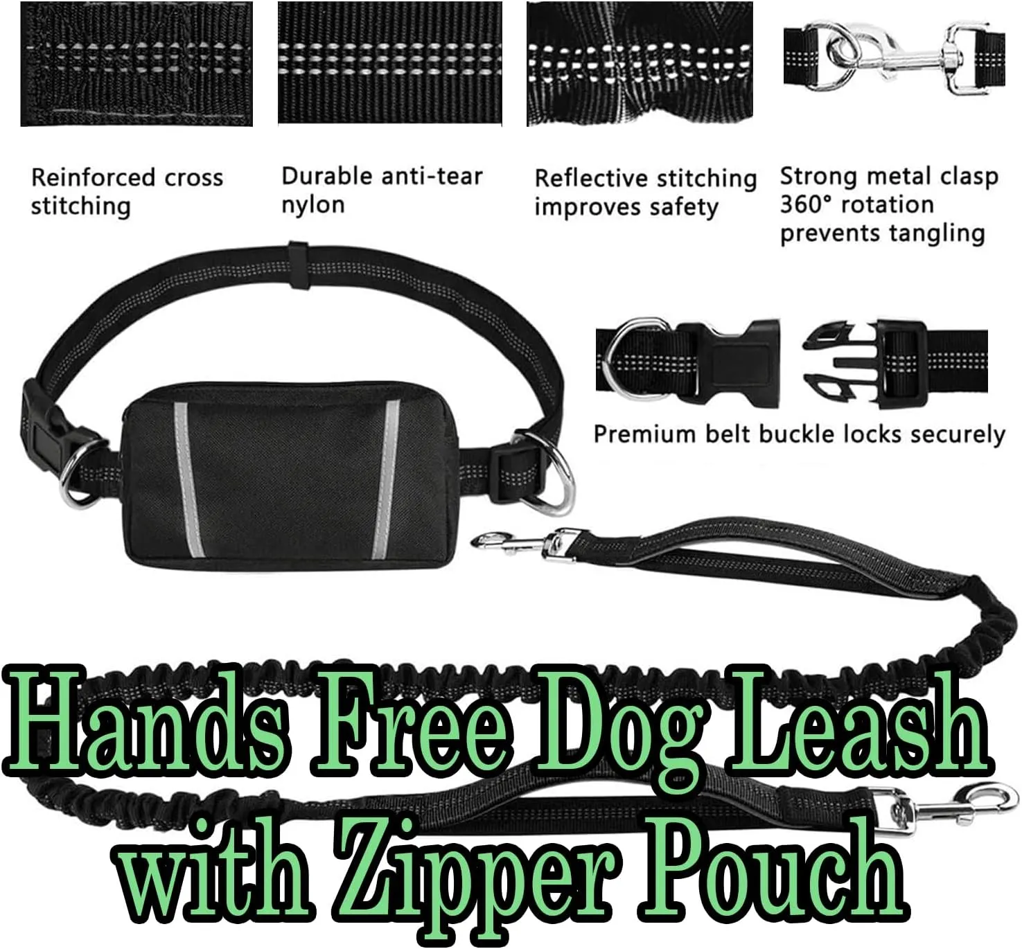 Hands Free Dog Leash with Zipper Pouch, 2025 Adjustable Dog Treat Training Pouch for Running, Reflective Padded Handles and Durable Bungee with Waist Belt (Purple)