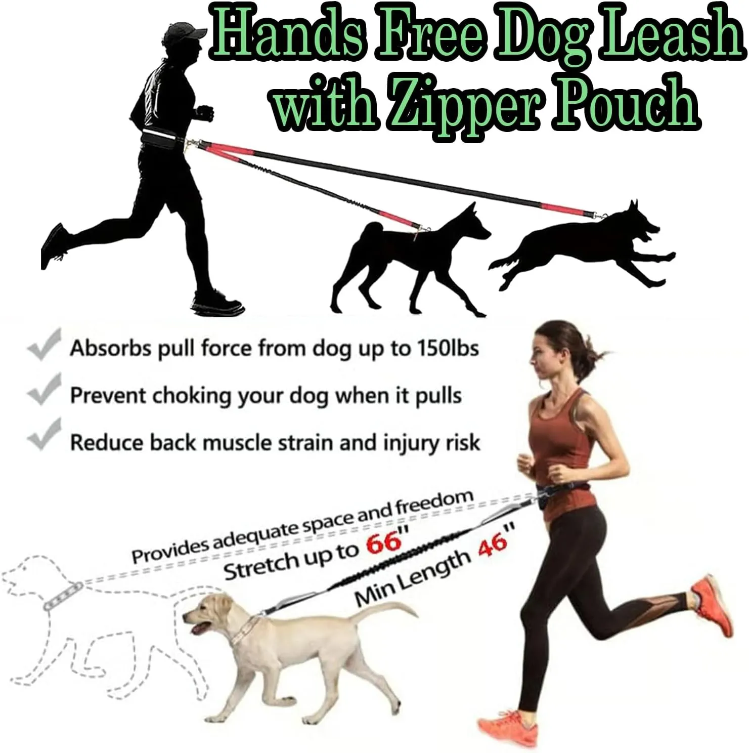 Hands Free Dog Leash with Zipper Pouch, 2025 Adjustable Dog Treat Training Pouch for Running, Reflective Padded Handles and Durable Bungee with Waist Belt (Purple)