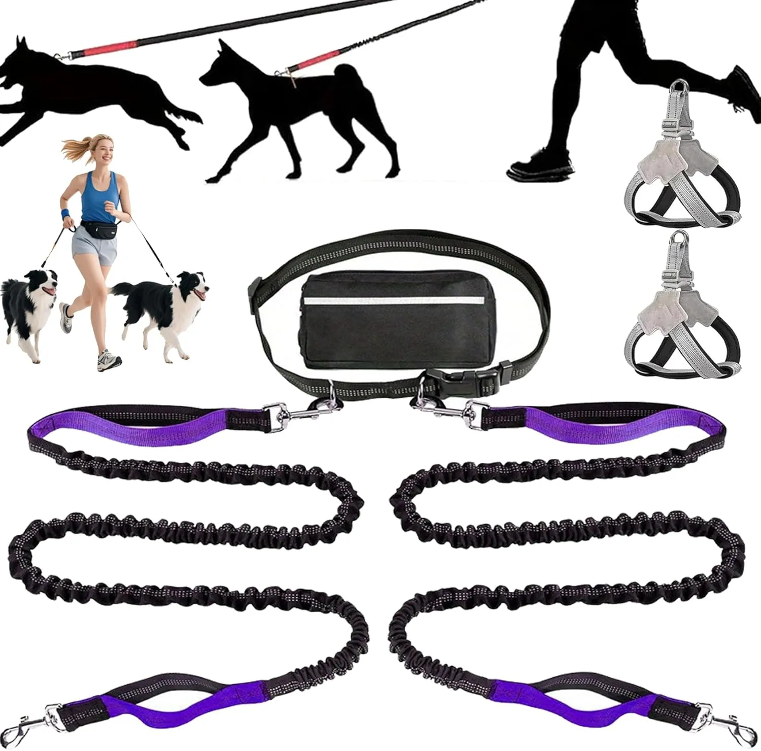 Hands Free Dog Leash with Zipper Pouch, 2025 Adjustable Dog Treat Training Pouch for Running, Reflective Padded Handles and Durable Bungee with Waist Belt (Purple)