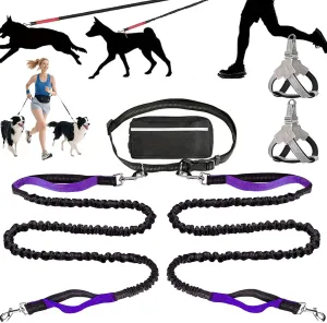Hands Free Dog Leash with Zipper Pouch, 2025 Adjustable Dog Treat Training Pouch for Running, Reflective Padded Handles and Durable Bungee with Waist Belt (Purple)
