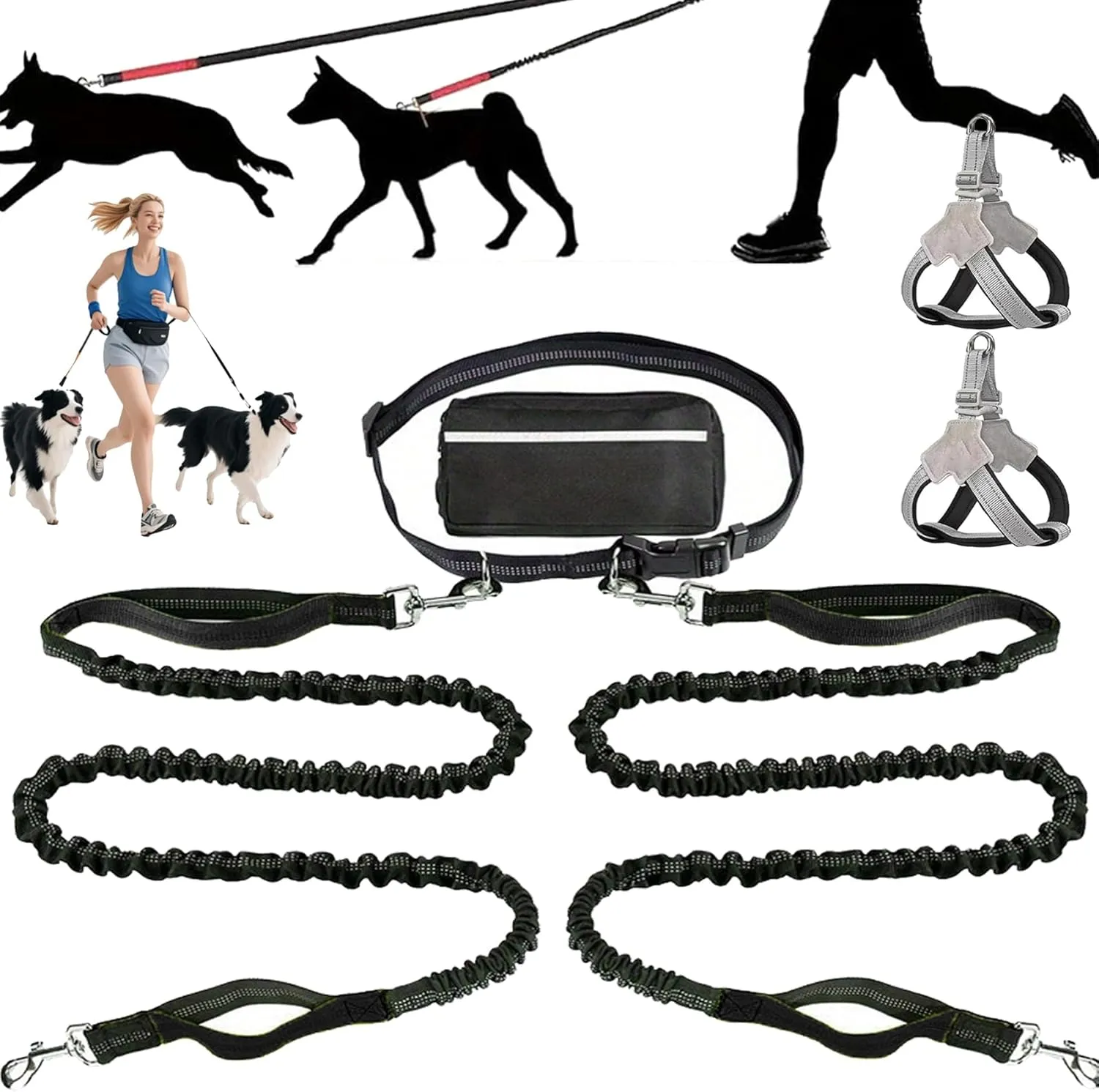 Hands Free Dog Leash with Zipper Pouch, 2025 Adjustable Dog Treat Training Pouch for Running, Reflective Padded Handles and Durable Bungee with Waist Belt (Purple)