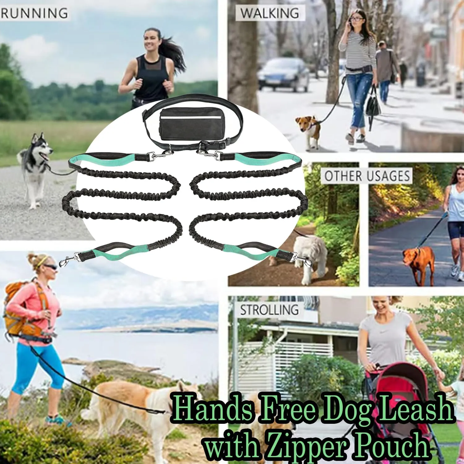 Hands Free Dog Leash with Zipper Pouch, 2025 Adjustable Dog Treat Training Pouch for Running, Reflective Padded Handles and Durable Bungee with Waist Belt (Purple)