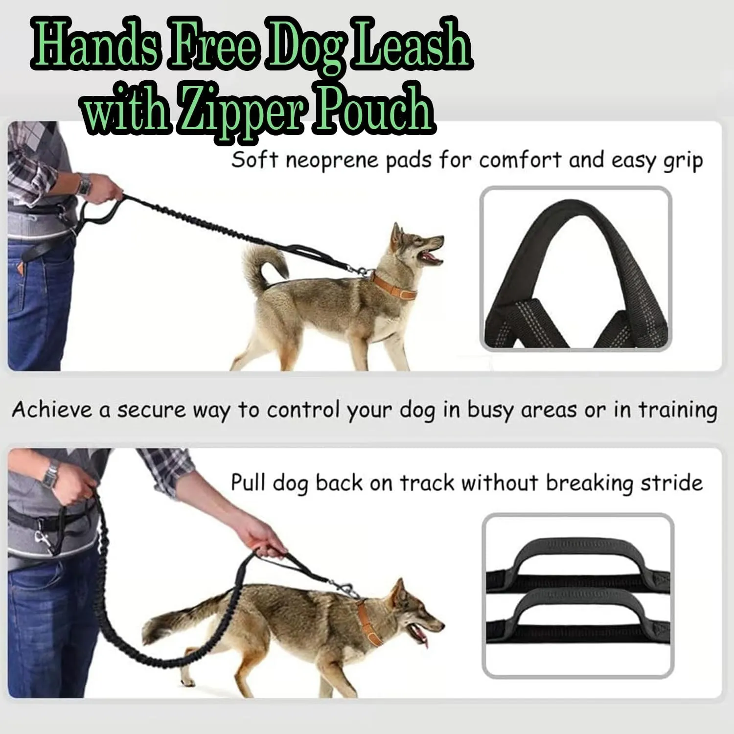 Hands Free Dog Leash with Zipper Pouch, 2025 Adjustable Dog Treat Training Pouch for Running, Reflective Padded Handles and Durable Bungee with Waist Belt (Purple)