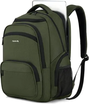 Hanke 18 Inch Travel Laptop Backpack for Women Men, Multi Pockets Personal Item Backpack 18x14x8 Airline Approved, Lightweight Work Backpack with Luggage Strap, Overnight Weekender Bag(Army Green)