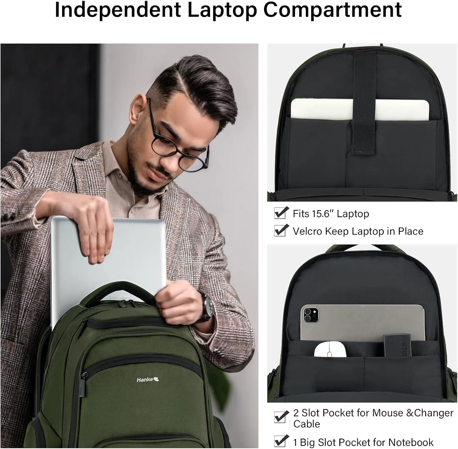 Hanke 18 Inch Travel Laptop Backpack for Women Men, Multi Pockets Personal Item Backpack 18x14x8 Airline Approved, Lightweight Work Backpack with Luggage Strap, Overnight Weekender Bag(Army Green)