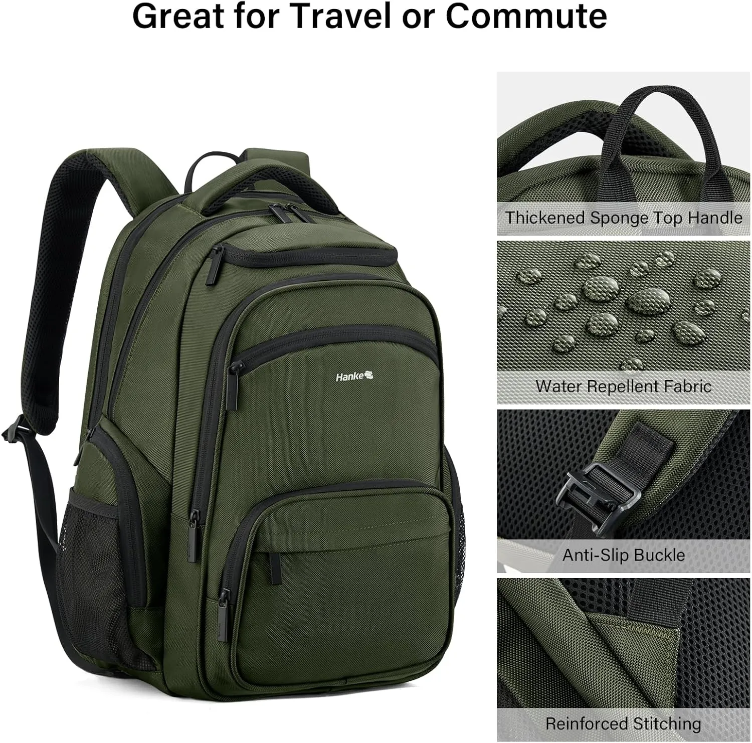 Hanke 18 Inch Travel Laptop Backpack for Women Men, Multi Pockets Personal Item Backpack 18x14x8 Airline Approved, Lightweight Work Backpack with Luggage Strap, Overnight Weekender Bag(Army Green)