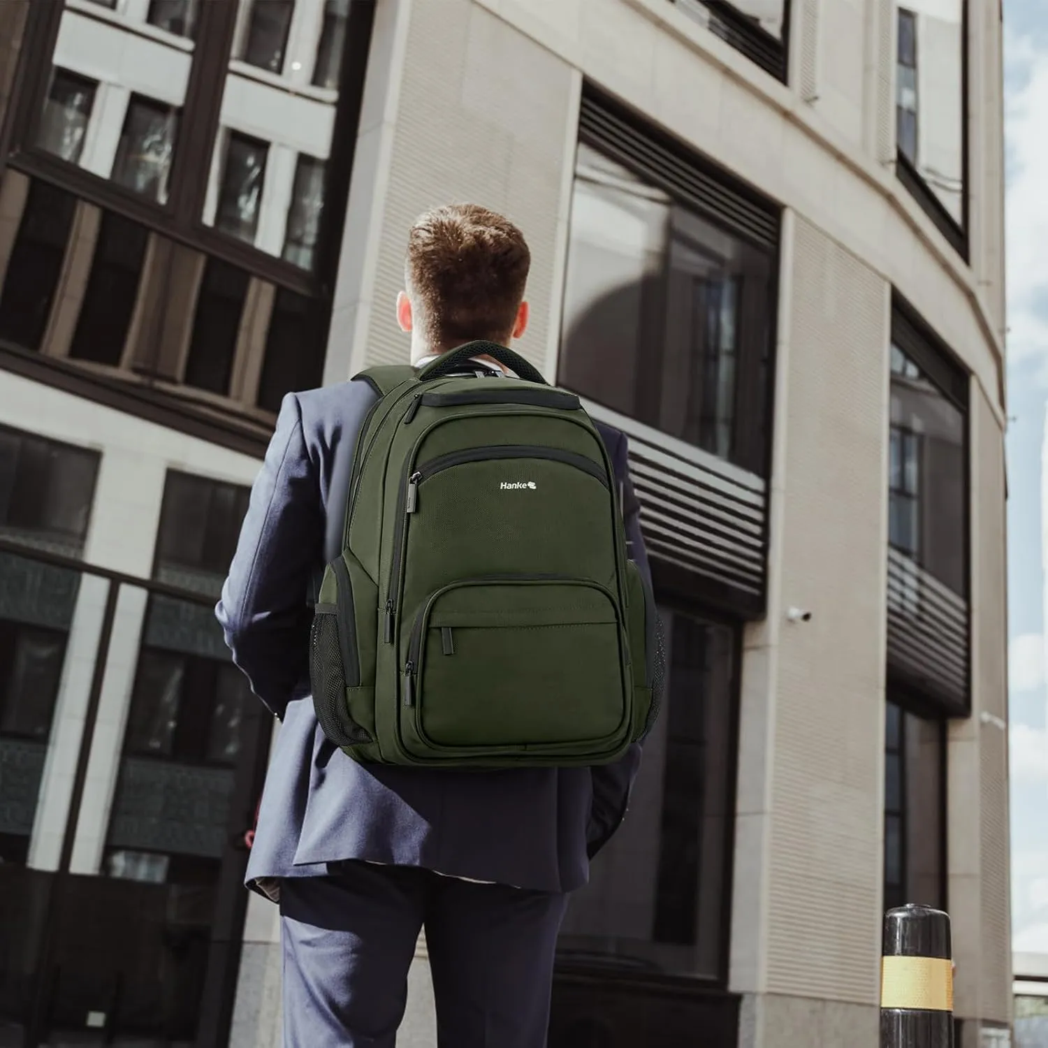 Hanke 18 Inch Travel Laptop Backpack for Women Men, Multi Pockets Personal Item Backpack 18x14x8 Airline Approved, Lightweight Work Backpack with Luggage Strap, Overnight Weekender Bag(Army Green)