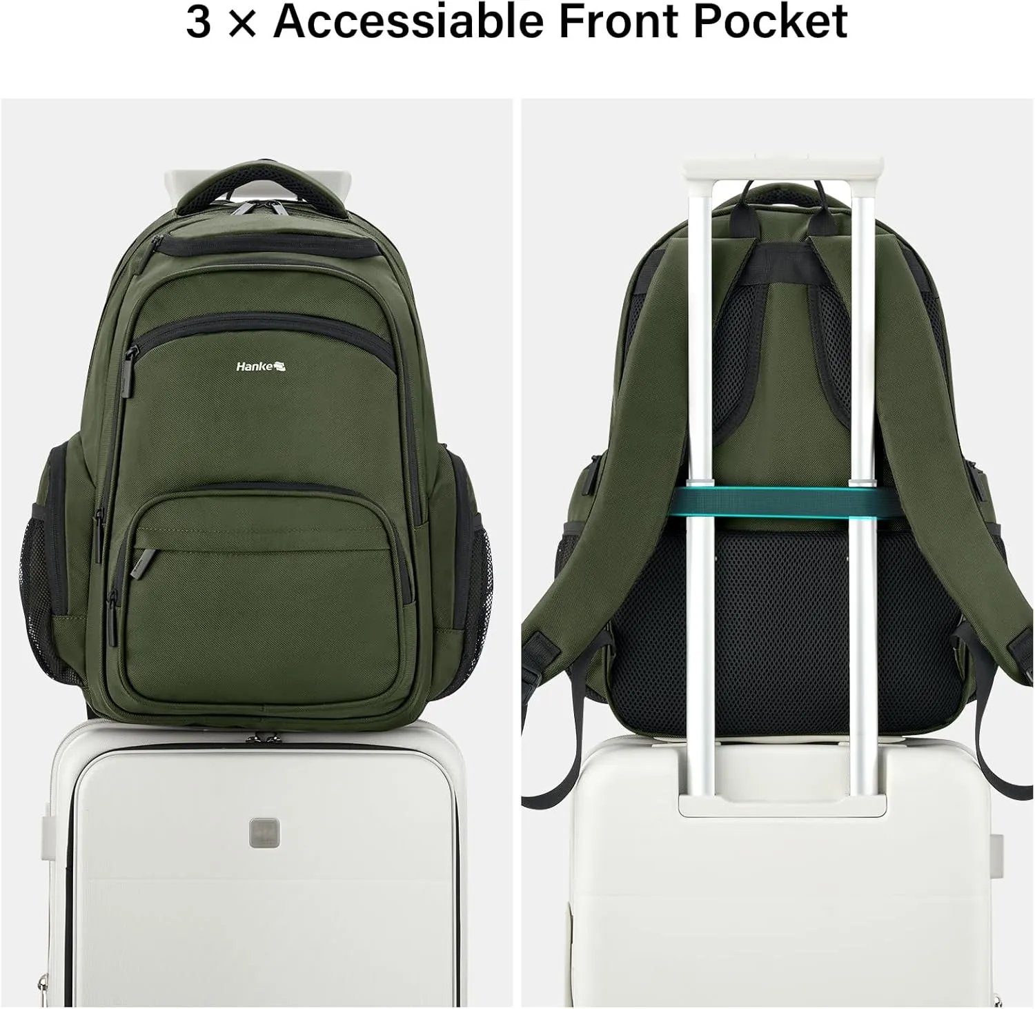 Hanke 18 Inch Travel Laptop Backpack for Women Men, Multi Pockets Personal Item Backpack 18x14x8 Airline Approved, Lightweight Work Backpack with Luggage Strap, Overnight Weekender Bag(Army Green)