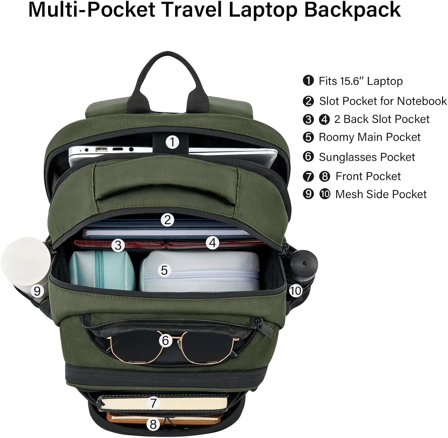 Hanke 18 Inch Travel Laptop Backpack for Women Men, Multi Pockets Personal Item Backpack 18x14x8 Airline Approved, Lightweight Work Backpack with Luggage Strap, Overnight Weekender Bag(Army Green)
