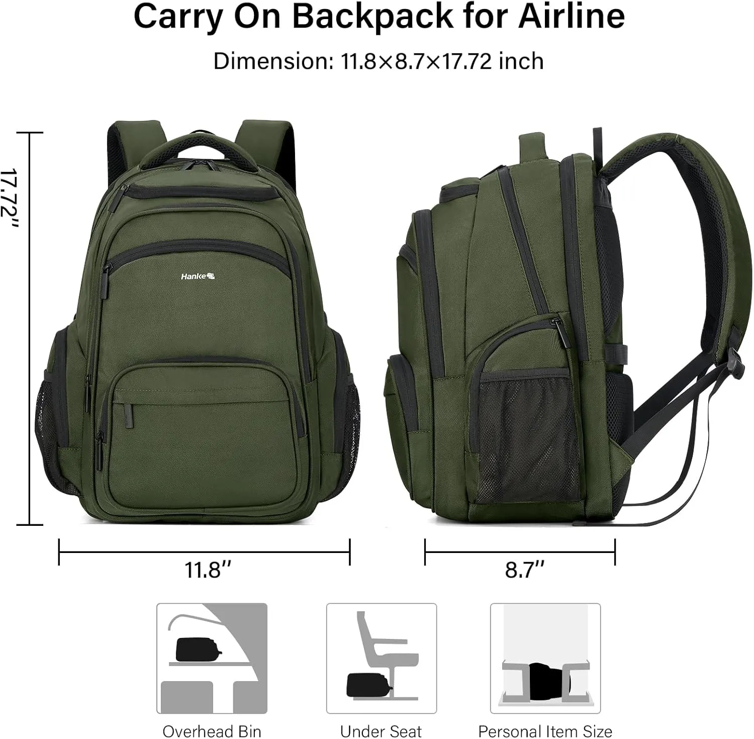 Hanke 18 Inch Travel Laptop Backpack for Women Men, Multi Pockets Personal Item Backpack 18x14x8 Airline Approved, Lightweight Work Backpack with Luggage Strap, Overnight Weekender Bag(Army Green)