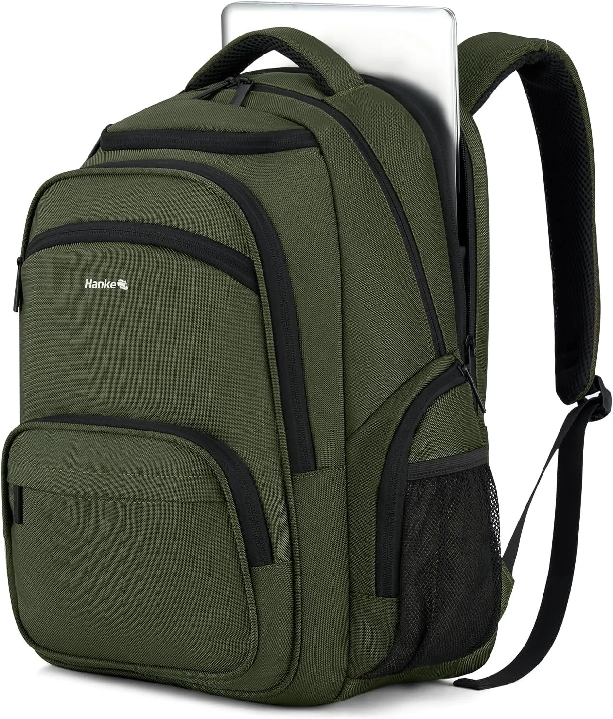 Hanke 18 Inch Travel Laptop Backpack for Women Men, Multi Pockets Personal Item Backpack 18x14x8 Airline Approved, Lightweight Work Backpack with Luggage Strap, Overnight Weekender Bag(Army Green)