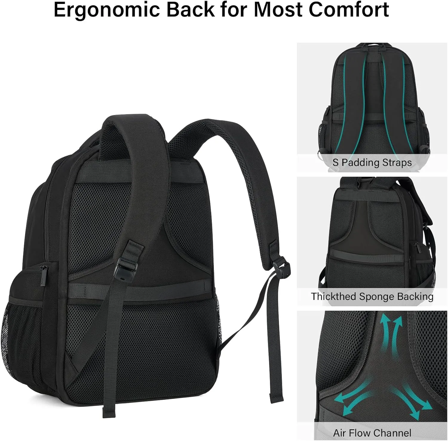 Hanke 18 Inch Travel Laptop Backpack for Women Men, Multi Pockets Personal Item Backpack 18x14x8 Airline Approved, Lightweight Work Backpack with Luggage Strap, Overnight Weekender Bag(Black)